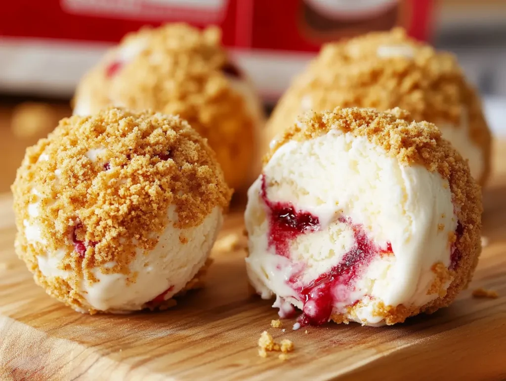 Delicious frozen cheesecake balls coated in graham crackers, featuring a vibrant raspberry swirl filling