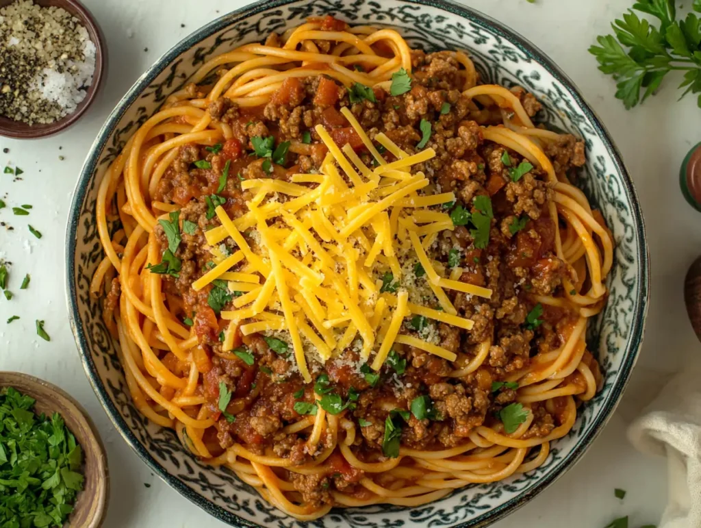 A bowl of spaghetti topped with rich meat sauce, shredded cheddar cheese, and fresh parsley, served on a white table with small bowls of salt and chopped herbs in the background.