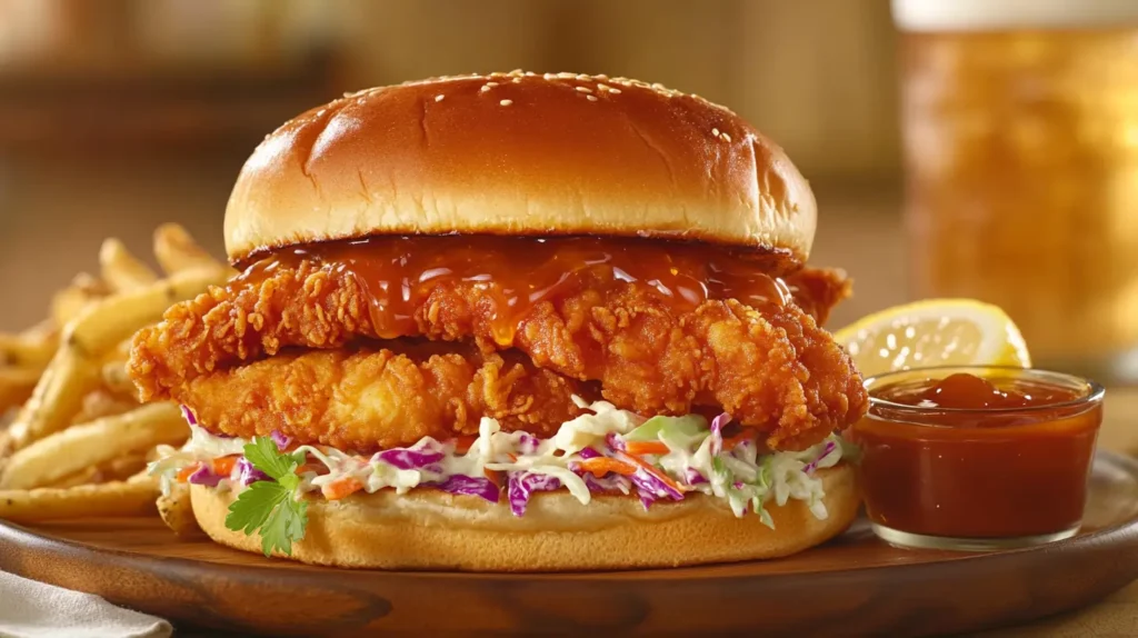 A delicious hot honey chicken sandwich on a sesame brioche bun, drizzled with spicy honey glaze, with a side of crispy fries and dipping sauce.