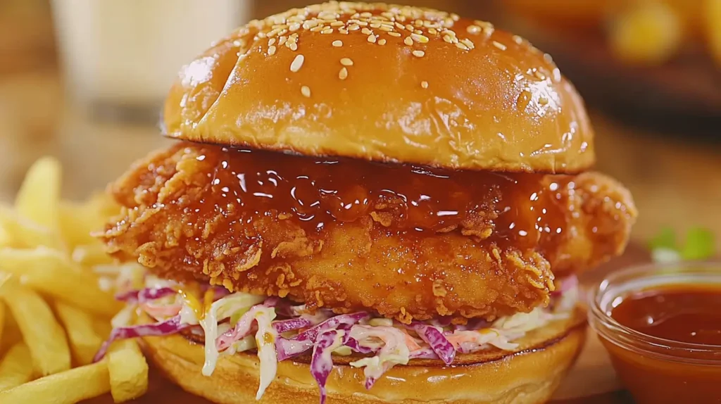 Close-up of a golden-brown hot honey chicken sandwich featuring crunchy chicken, creamy coleslaw, and tangy pickles, paired with a side of fries and sauce.