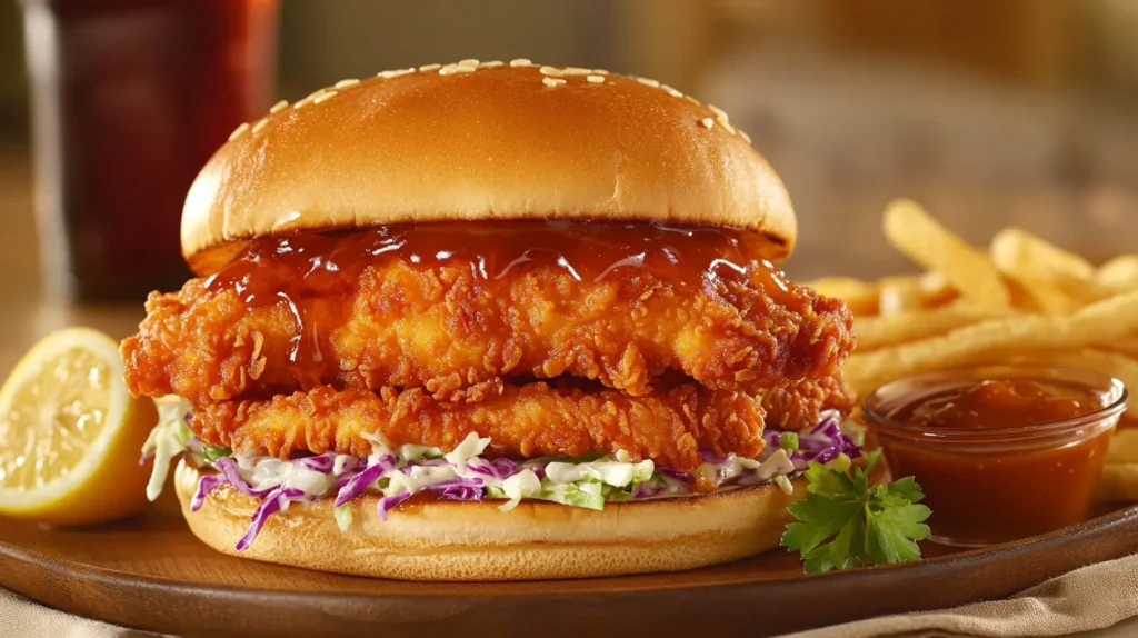 A hot honey chicken sandwich with crispy fried chicken, glazed in sweet and spicy sauce, topped with pickles and coleslaw on a brioche bun, served with fries.
