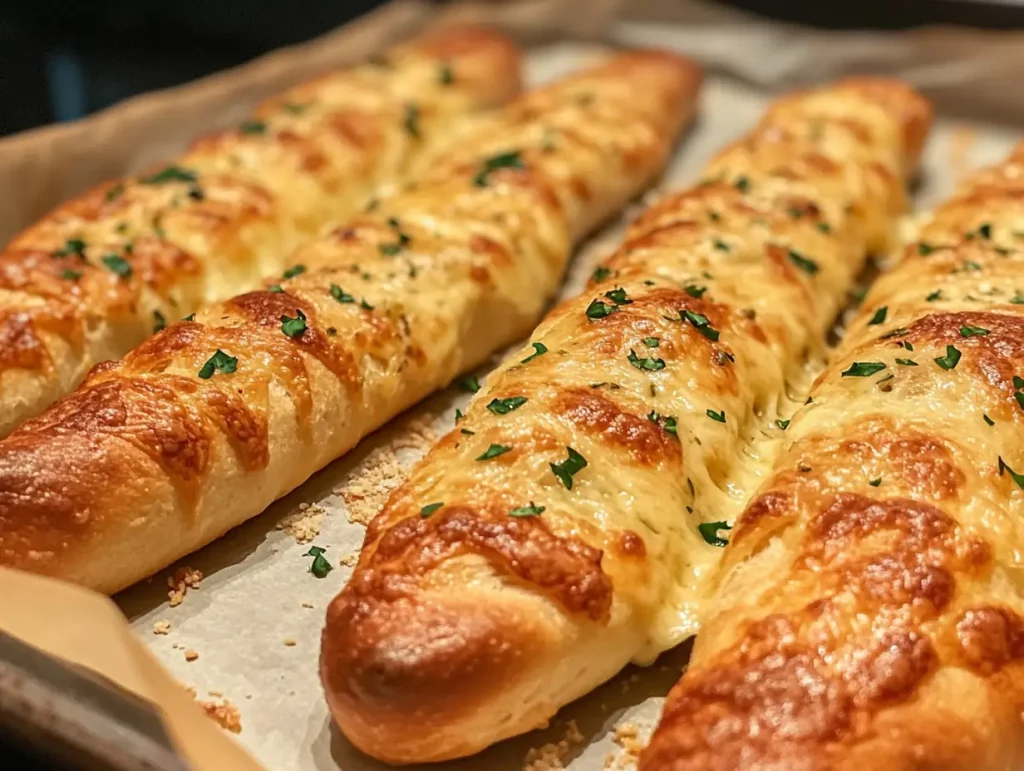 Freshly baked cheese-filled garlic breadsticks on a parchment-lined baking tray