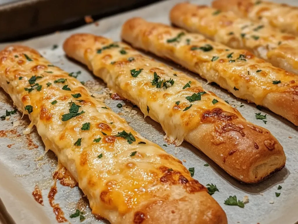 Freshly baked cheese-filled garlic breadsticks on a parchment-lined baking tray