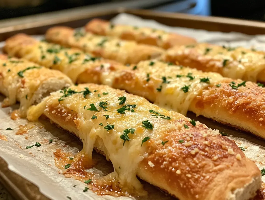 Freshly baked cheese-filled garlic breadsticks on a parchment-lined baking tray