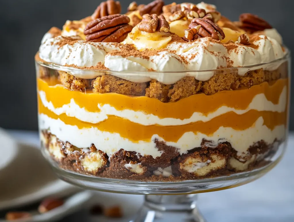 Layered pumpkin trifle in a glass bowl, topped with whipped cream, cinnamon, and caramelized biscuit pieces, with a pumpkin and a glass pitcher in the background.