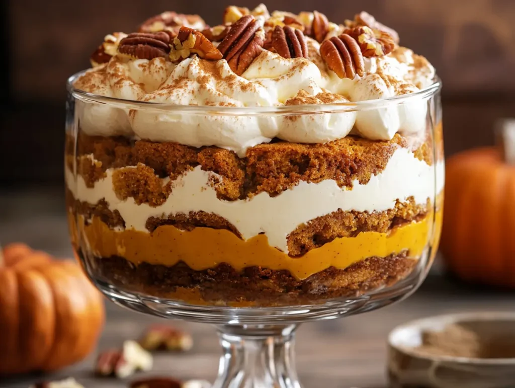 Close-up of a creamy pumpkin trifle featuring layers of spiced pumpkin filling, crushed cookies, and whipped cream, garnished with cinnamon and caramel bits.
