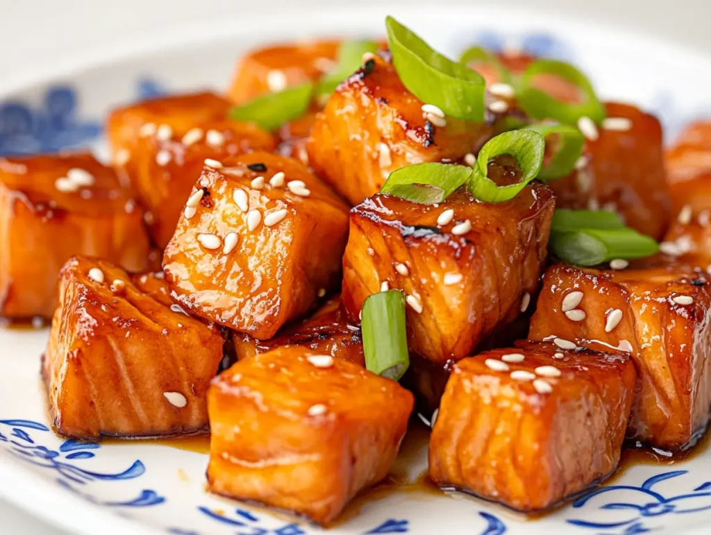 Grilled salmon cubes glazed with teriyaki sauce, garnished with sesame seeds and green onion slices, served on a white plate with blue floral patterns