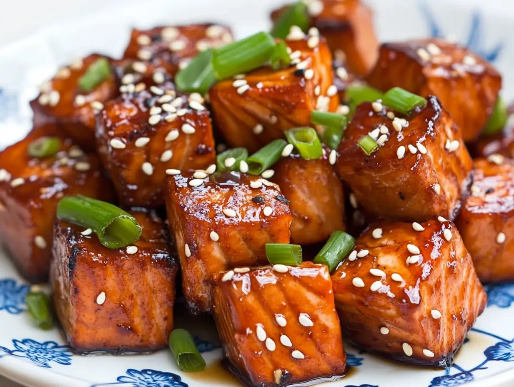 Grilled salmon cubes glazed with teriyaki sauce, garnished with sesame seeds and green onion slices, served on a white plate with blue floral patterns