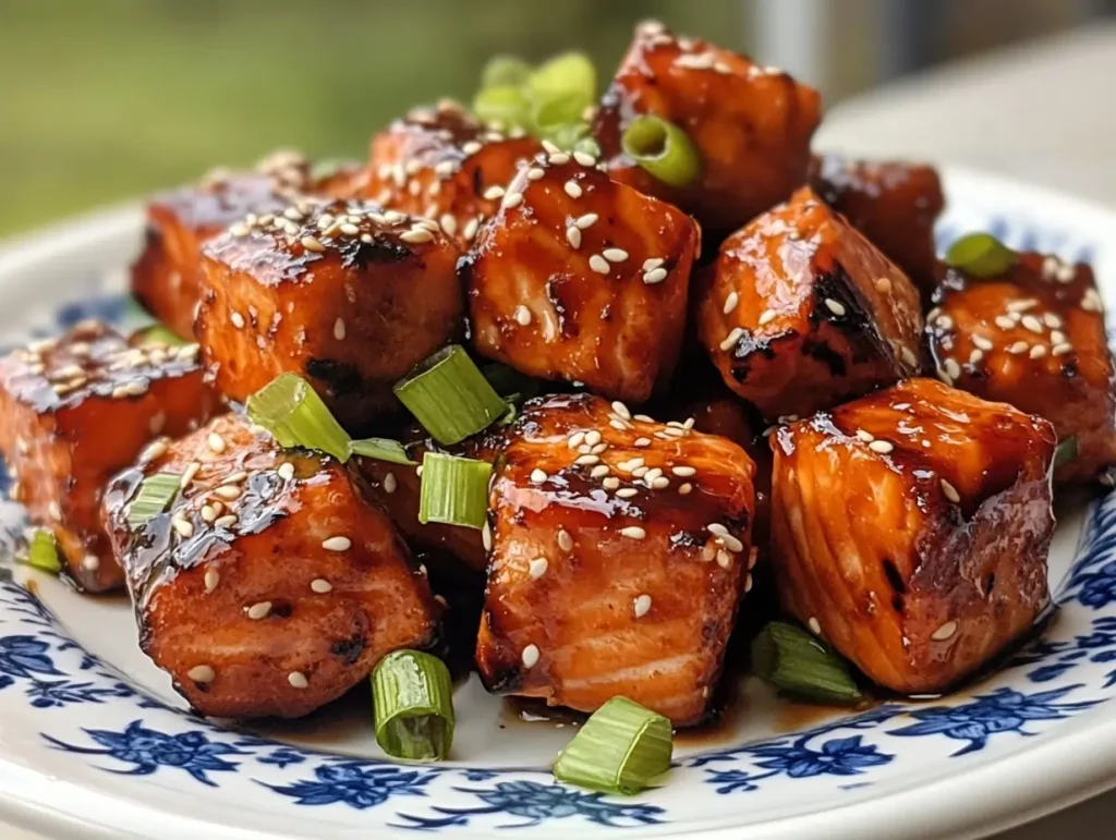 Grilled salmon cubes glazed with teriyaki sauce, garnished with sesame seeds and green onion slices, served on a white plate with blue floral patterns