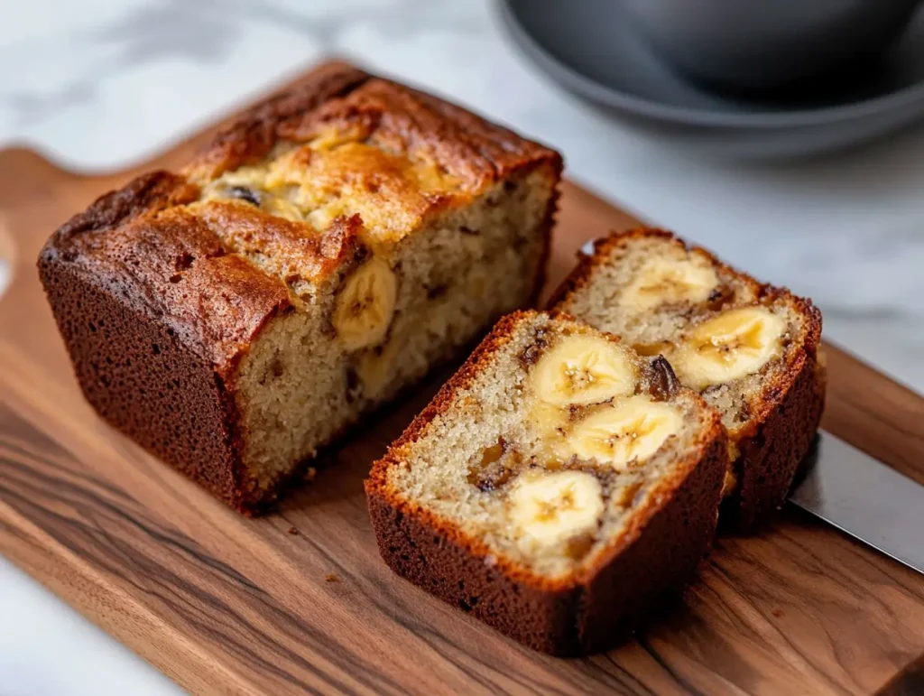 Sliced FAGE Banana Bread on a wooden cutting board, showing its moist texture, with coffee and a butter knife in the background.