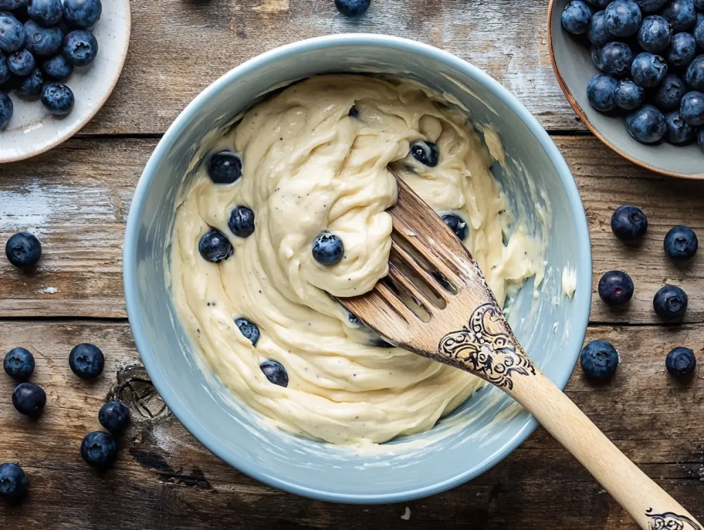 Top-down view of a light blue mixing bowl filled with creamy blueberry muffin batter