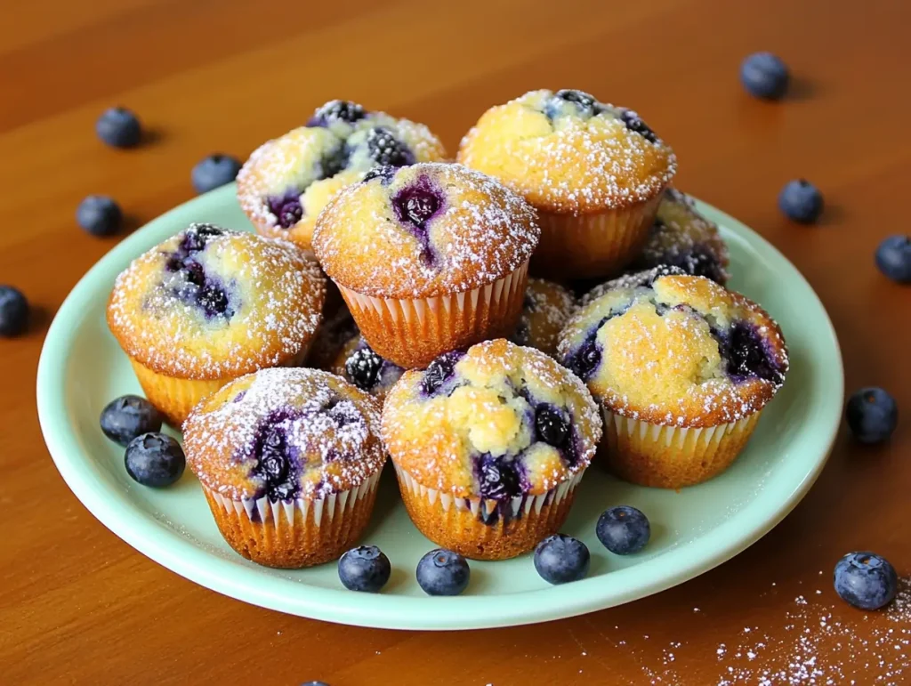 Top-down view of a plate piled high with freshly baked blueberry muffins on a wooden table