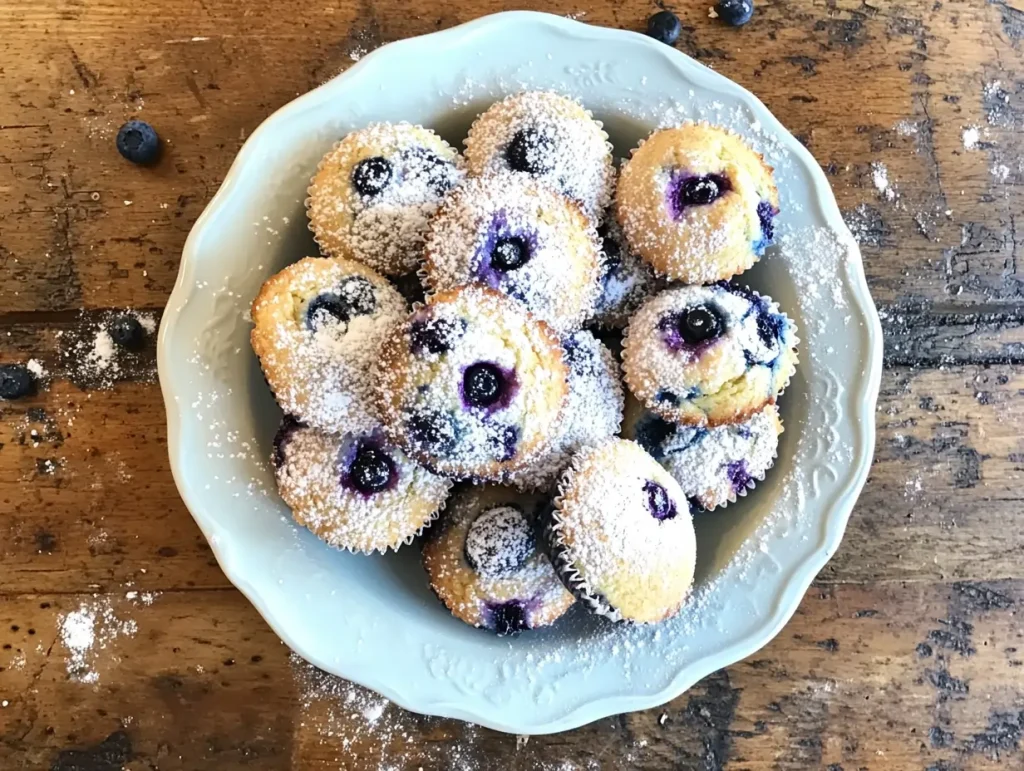 Top-down view of a plate piled high with freshly baked blueberry muffins on a wooden table