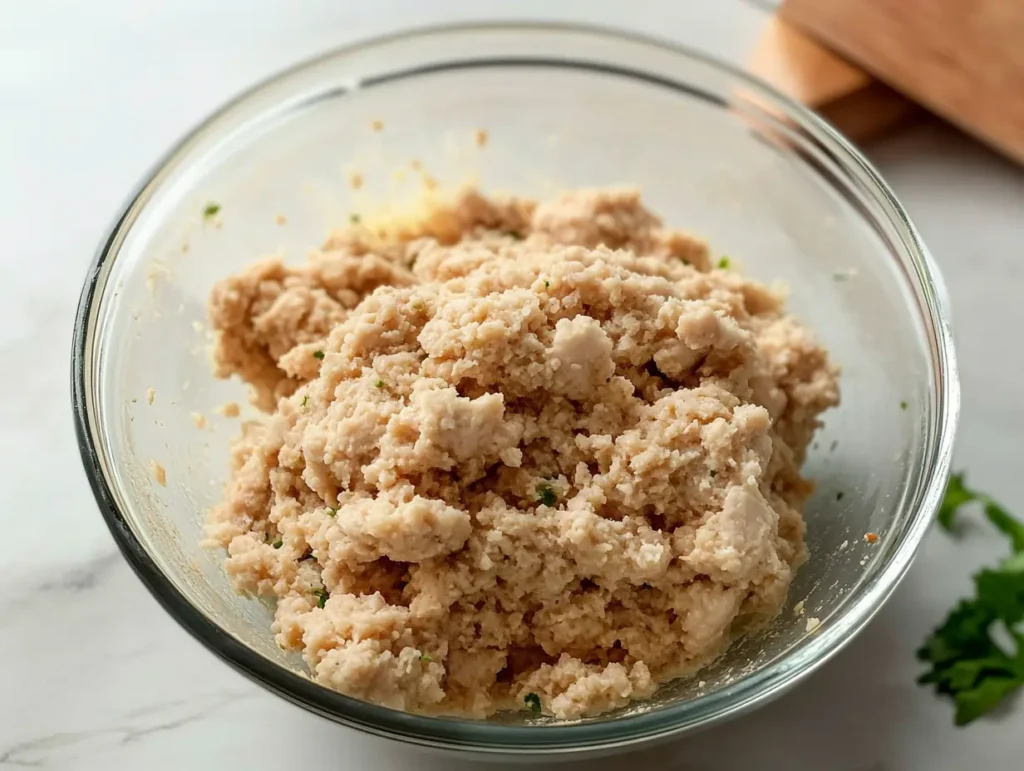 Ground chicken mixture in a glass bowl with visible seasonings, ready for shaping into chicken nuggets