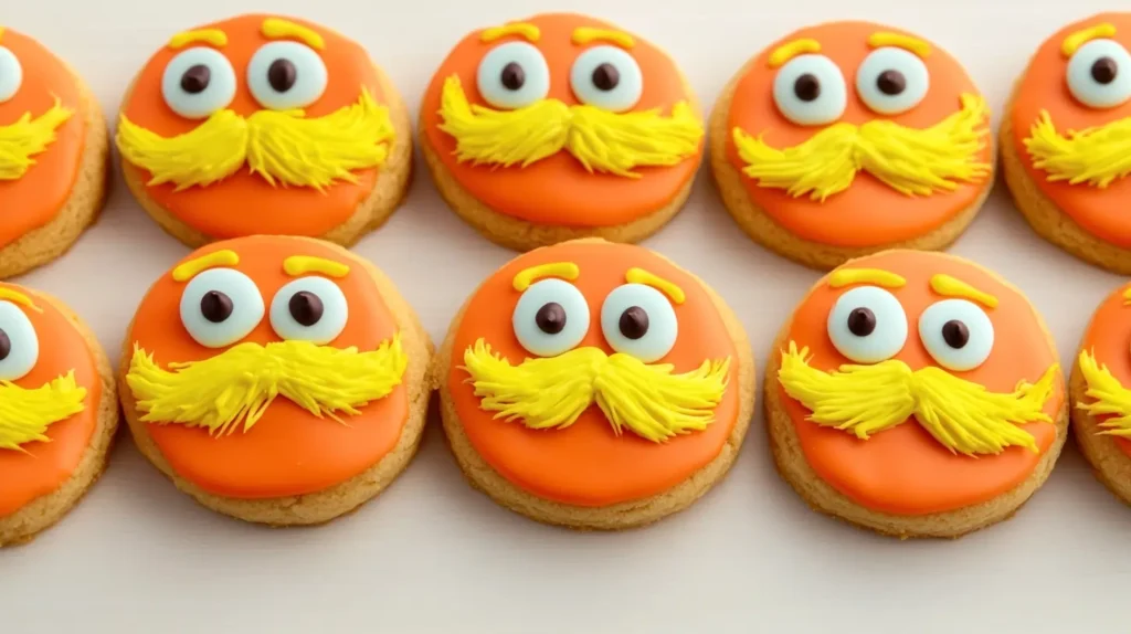 Lorax cookie recipe: Adorable round cookies with bright orange frosting, candy eyes, and yellow frosting mustaches inspired by Dr. Seuss.