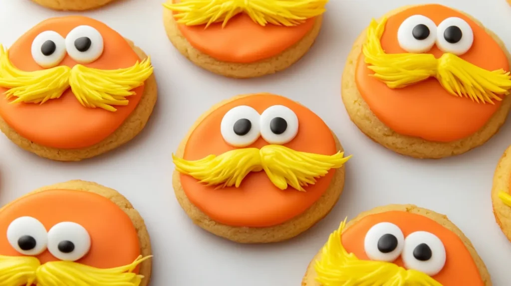 A batch of Lorax cookies made with the Lorax cookie recipe, featuring orange icing, candy eyes, and bushy yellow frosting details.
