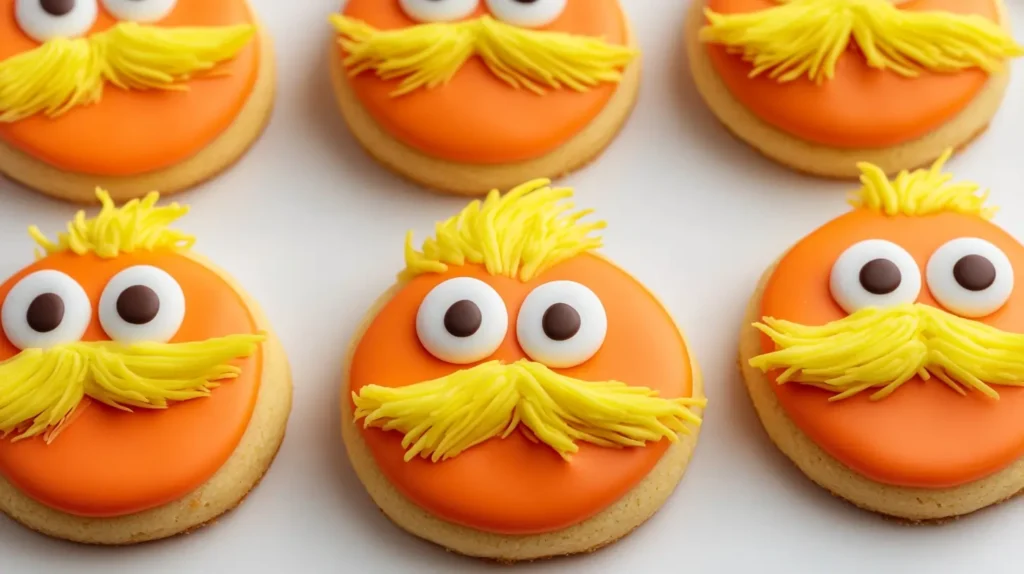 Fun and colorful Lorax cookie recipe design, showcasing bright orange cookies with candy eyes and yellow frosting mustaches on a white background.
