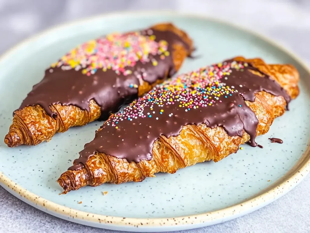 Flat croissants dipped in chocolate with colorful sprinkles, served on a white plate with a rustic background