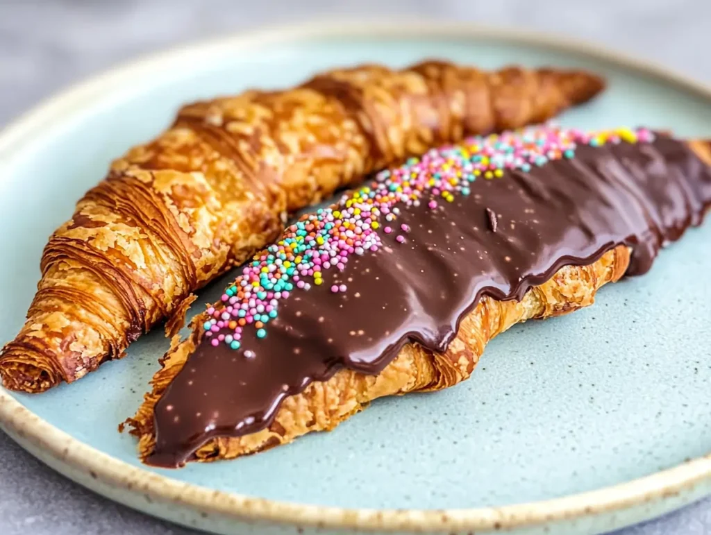 Two flat croissants partially coated in chocolate and topped with sprinkles, placed on a textured white plate