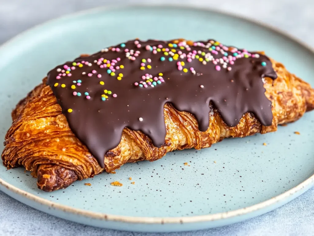 Chocolate-dipped flat croissants with crispy edges and sprinkles, styled on a plate with a rustic light background.