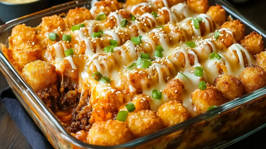 A hearty Big Mac Tater Tot Casserole featuring layers of ground beef, melted cheese, and perfectly crispy tater tots, garnished with fresh toppings.