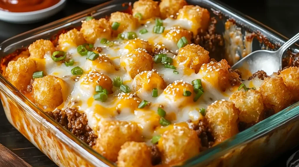 Delicious Big Mac Tater Tot Casserole with golden tater tots, creamy cheese drizzle, and vibrant green onions, ready to serve in a glass dish.

