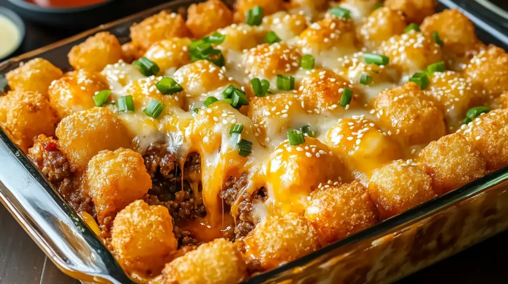 Big Mac Tater Tot Casserole topped with crispy golden tater tots, melted cheese sauce, green onions, and sesame seeds in a glass baking dish.