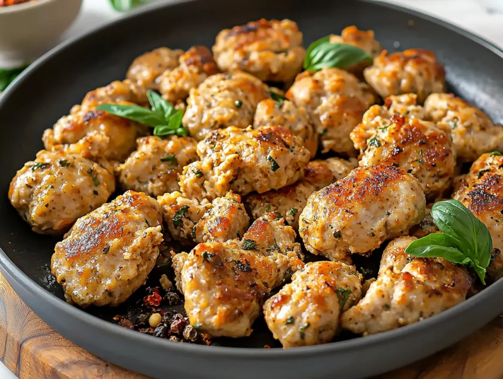 Golden-brown Italian chicken sausage surrounded by Italian spices and herbs.