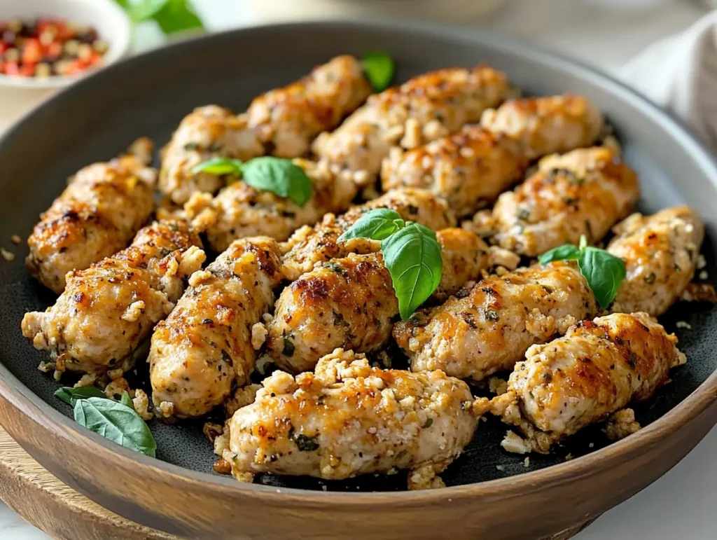 Delicious Italian chicken sausage with fresh basil and rustic kitchen background.