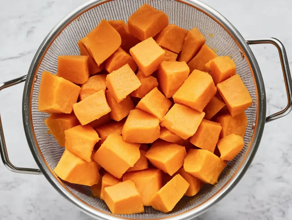 Steamed cubed sweet potatoes in a silver metal colander