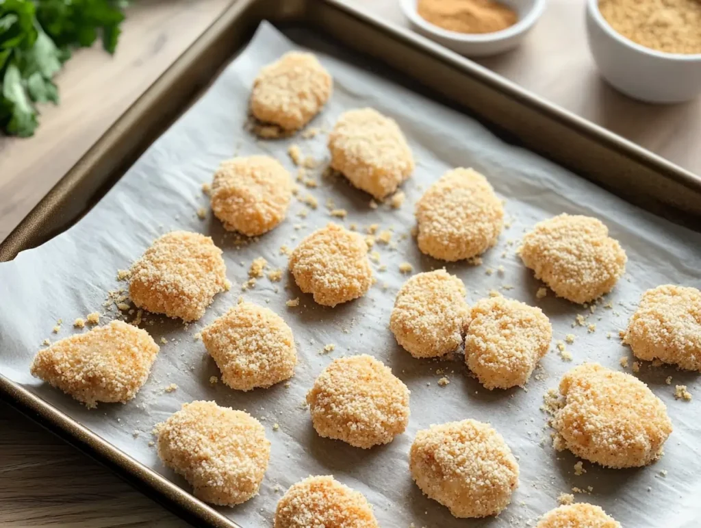 Uncooked breaded chicken nuggets arranged on a parchment-lined baking sheet, ready for cooking