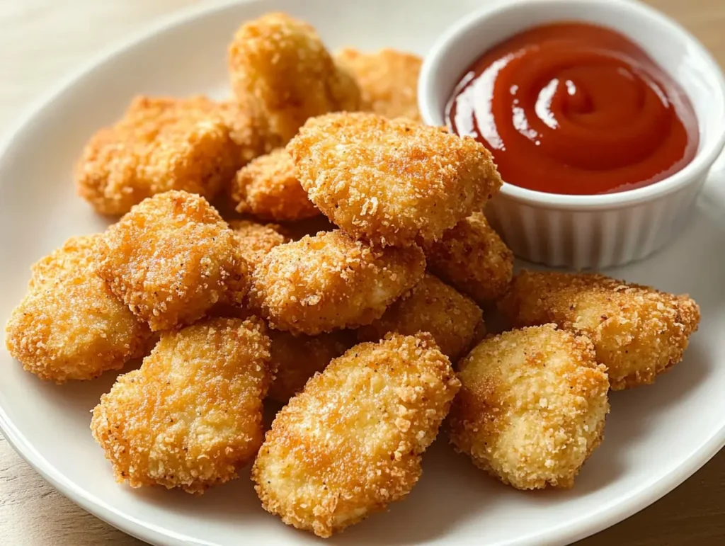 Crispy homemade ground chicken nuggets served on a white plate with a bowl of ketchup for dipping