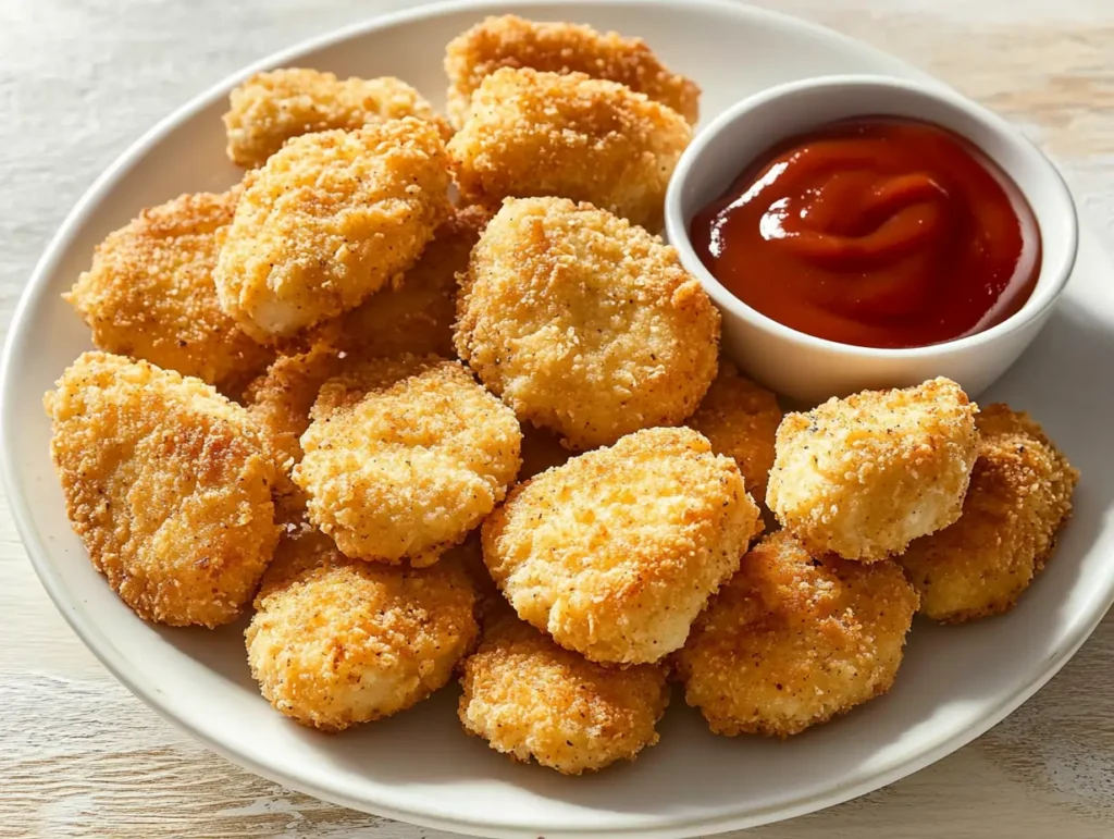 Golden-brown chicken nuggets with a crispy coating and a side of ketchup on a white plate