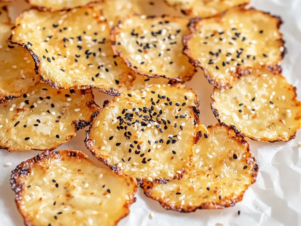 Crispy Cottage Cheese Chips topped with black and white sesame seeds, arranged on parchment paper