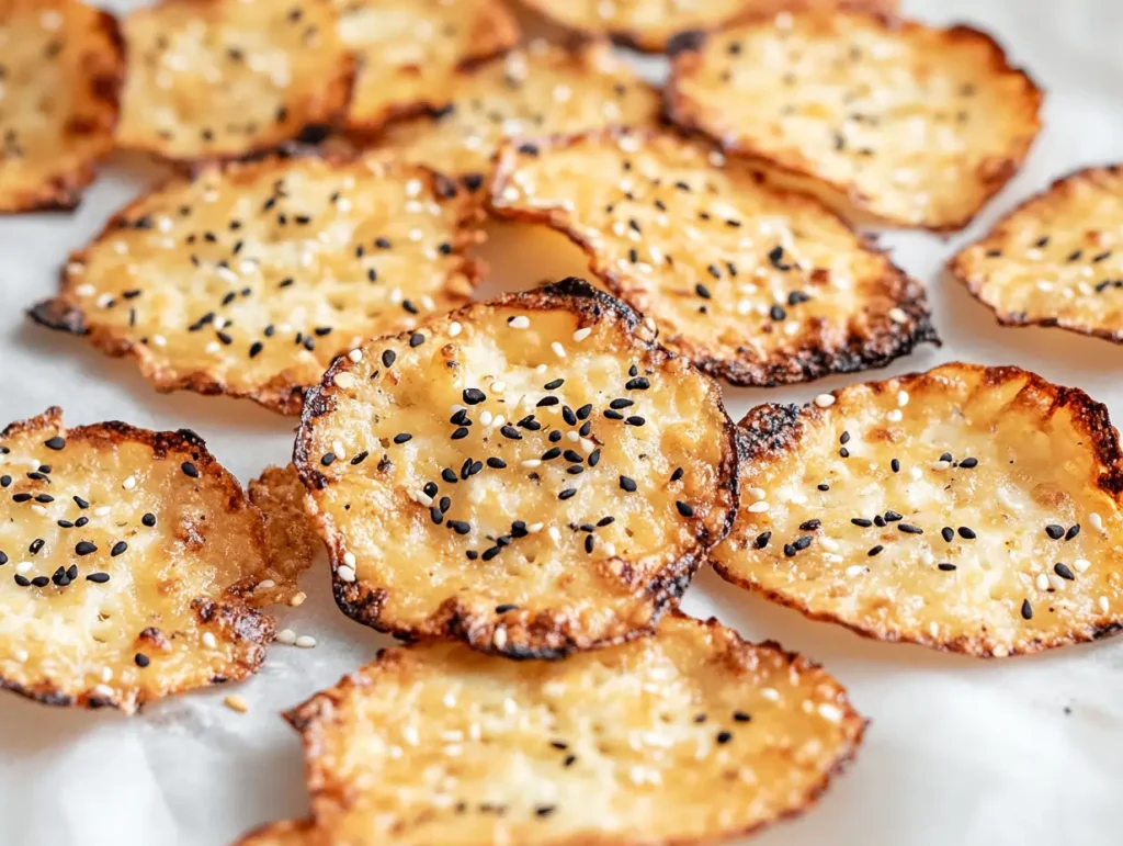 Golden-brown Cottage Cheese Chips with sesame seeds, showcasing a crunchy texture on white parchment.