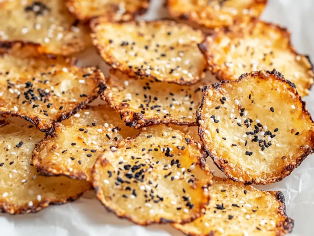 Protein-packed Cottage Cheese Chips with sesame seed topping, perfectly baked and displayed on parchment paper