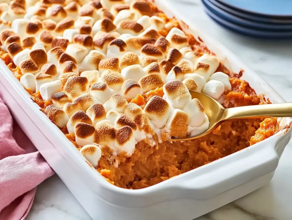 Creamy Old-Fashioned Sweet Potato Casserole topped with golden marshmallows, served in a white dish on a marble surface