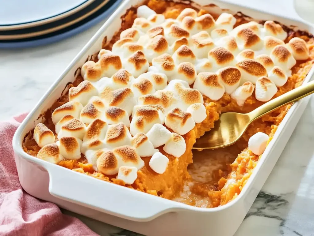 Old-Fashioned Sweet Potato Casserole with toasted marshmallows in a white baking dish and a gold spoon scooping a portion.