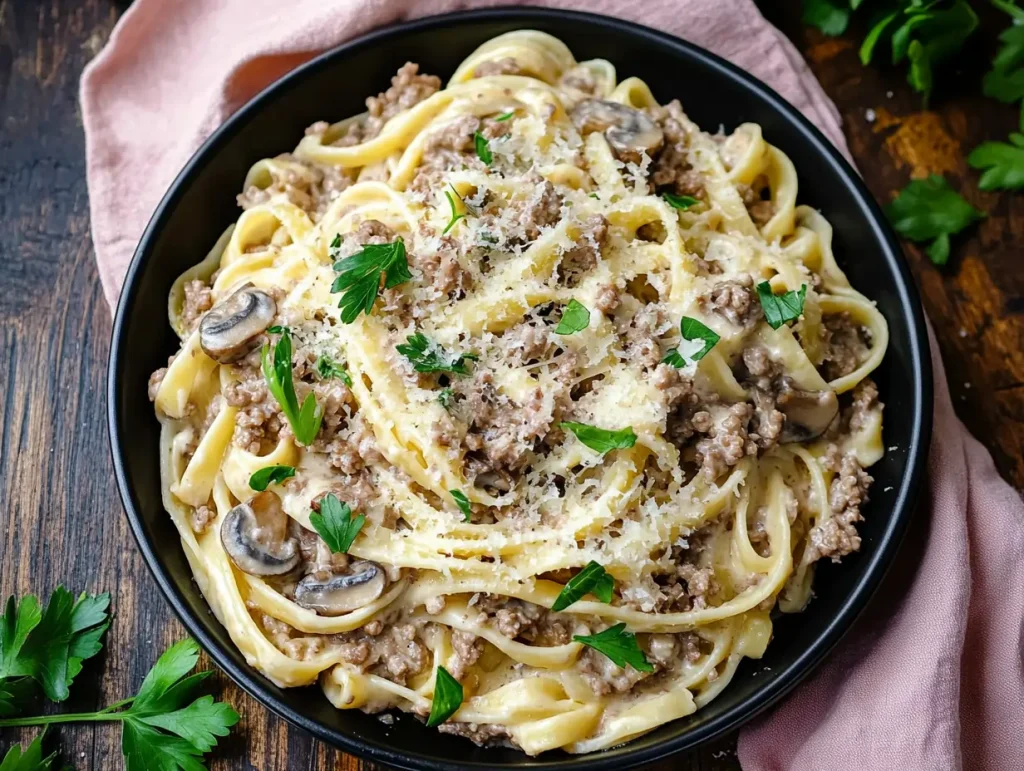 Homemade ground beef pasta Alfredo with creamy sauce, fresh herbs, and Parmesan garnish.