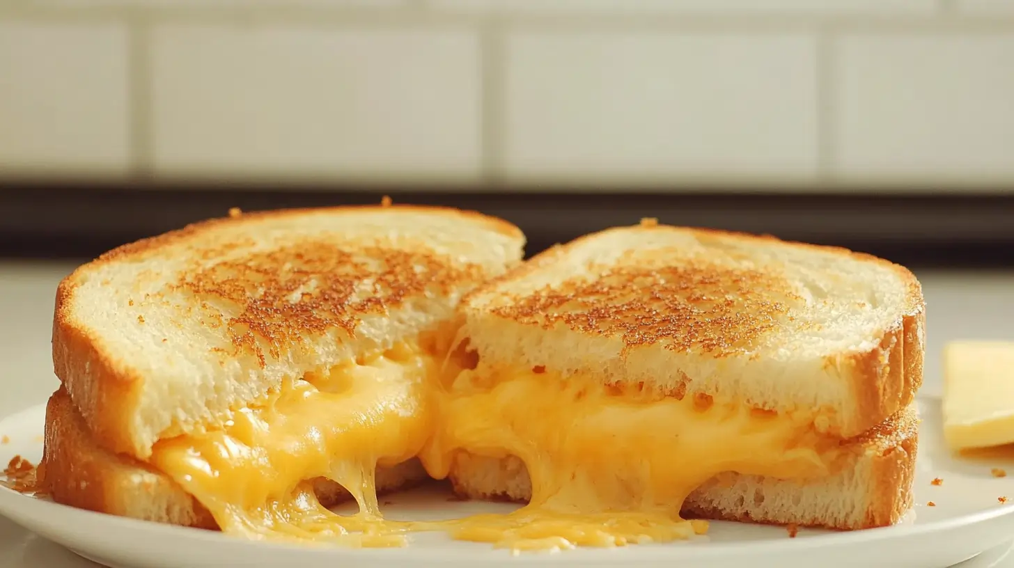 Grilled Cheese in the Toaster Oven with golden brown bread and gooey melted cheese oozing out onto a white plate.