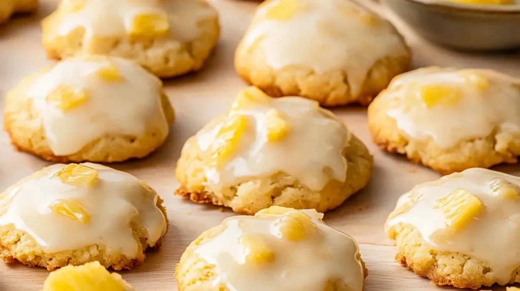 Pineapple cookie recipe: Golden, soft cookies with visible pineapple bits, lightly drizzled with shiny glaze on a wooden surface.