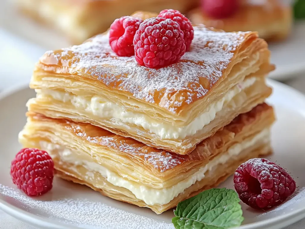 Cheesecake Crescent Roll Casserole with flaky layers, creamy cheesecake filling, powdered sugar, and fresh raspberries on a white plate