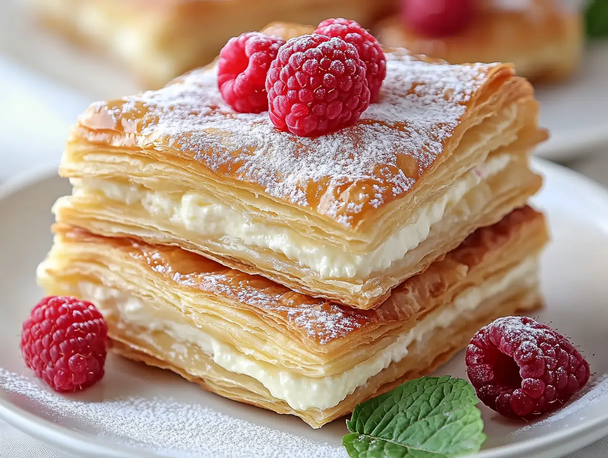 Cheesecake Crescent Roll Casserole with flaky layers, creamy cheesecake filling, powdered sugar, and fresh raspberries on a white plate