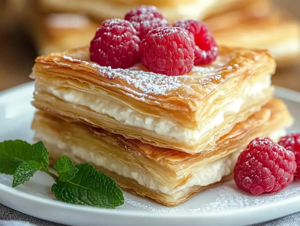 Flaky Cheesecake Crescent Roll Casserole topped with powdered sugar and fresh raspberries, served on a white ceramic plate.