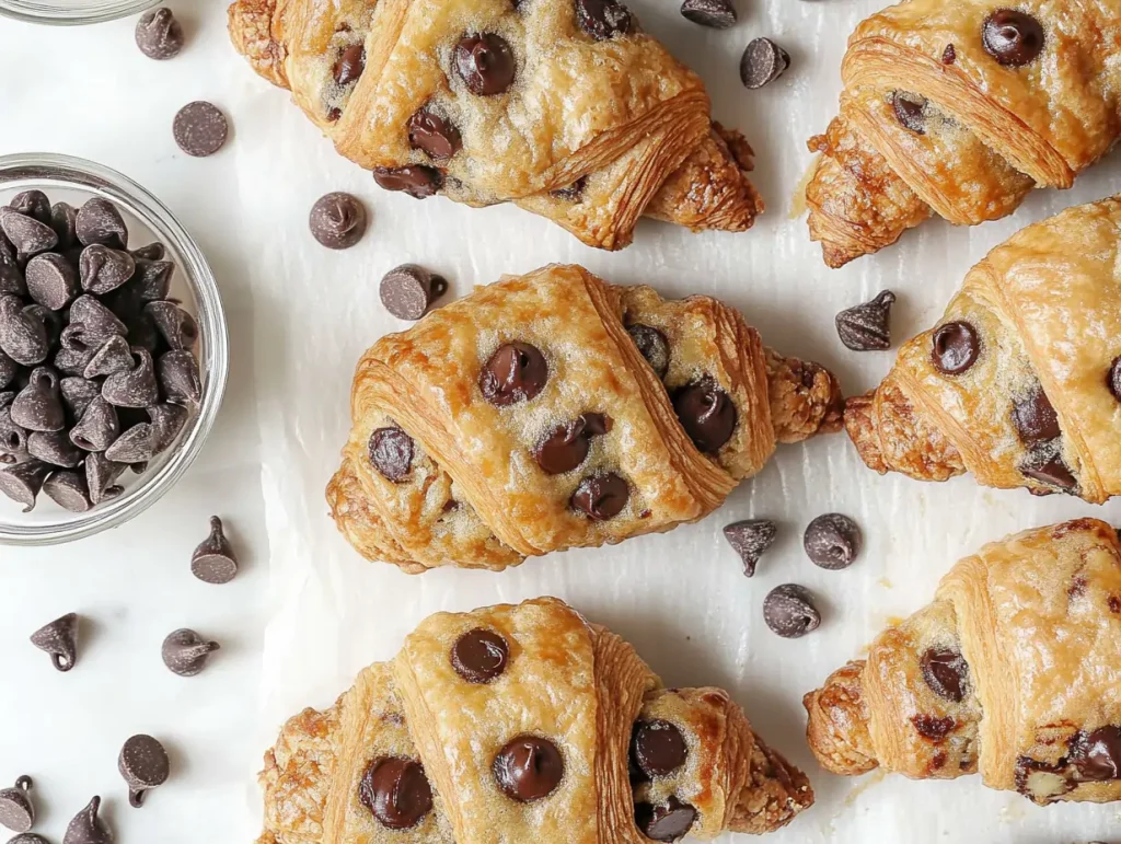 Cookie croissant topped with chocolate chip cookie dough on a white parchment background