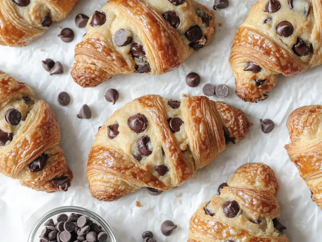 Flaky cookie croissant with golden-brown cookie topping and scattered chocolate chips.