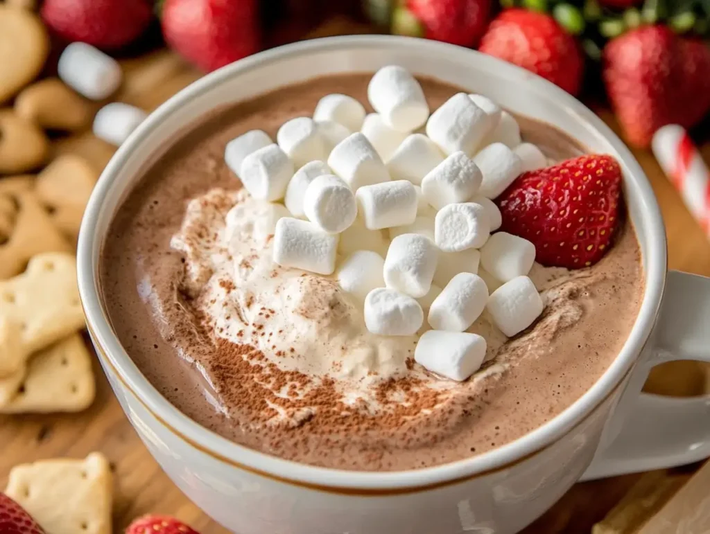 Hot chocolate dip in a white bowl topped with mini marshmallows, whipped cream, and a strawberry, surrounded by cookies and fresh strawberries