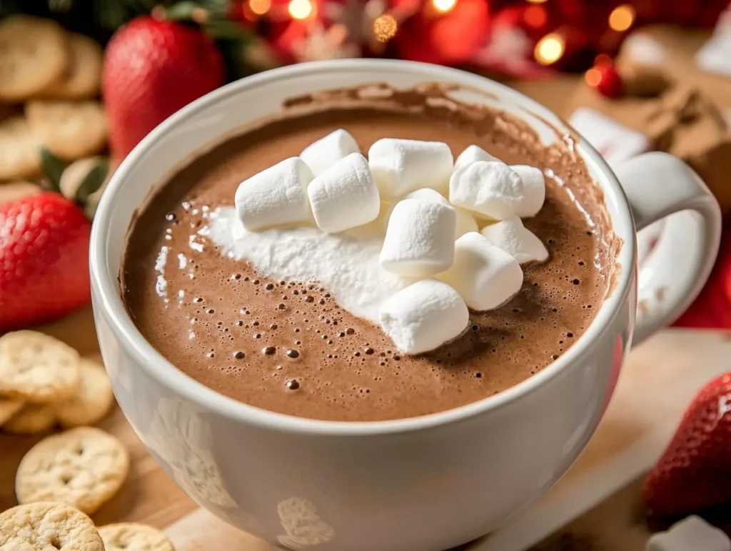 Hot chocolate dip in a white mug topped with mini marshmallows, surrounded by strawberries, cookies, and festive decorations
