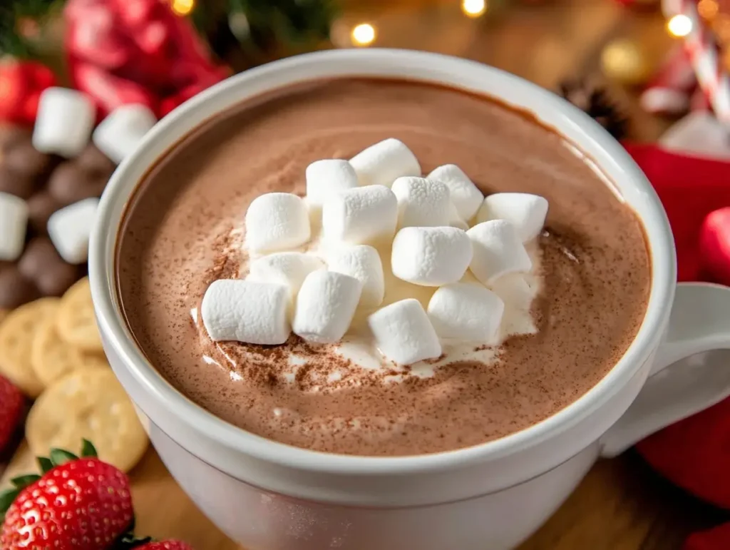 Hot chocolate dip in a white mug topped with mini marshmallows, surrounded by festive treats like strawberries, cookies, and chocolates