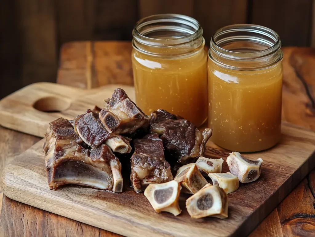 Cooked soup bones, roasted marrow bones, and tender beef shank pieces arranged on a wooden cutting board with two jars of golden beef broth.